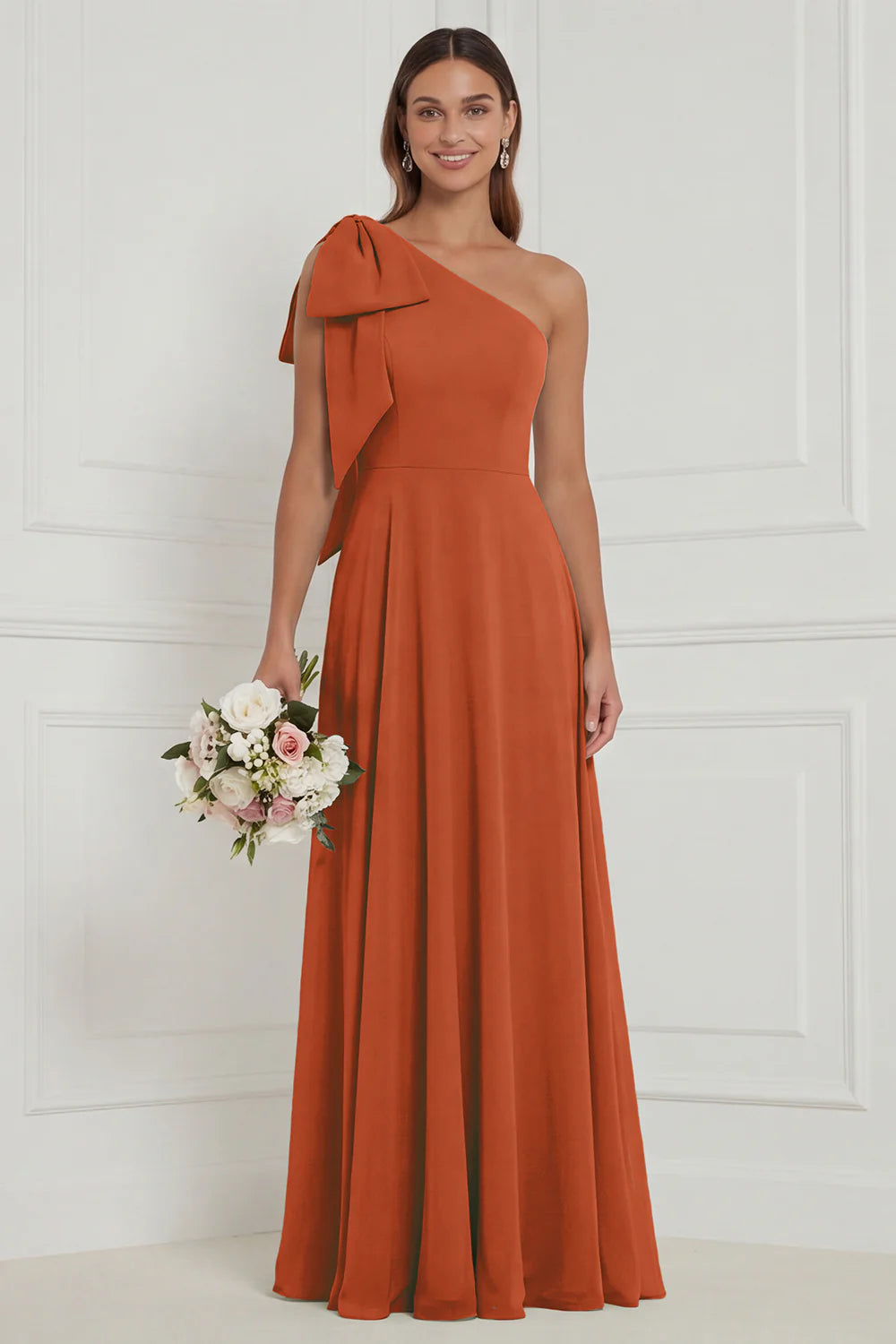 One Shoulder Bow A Line Sage Bridesmaid Dress with Lace up Back