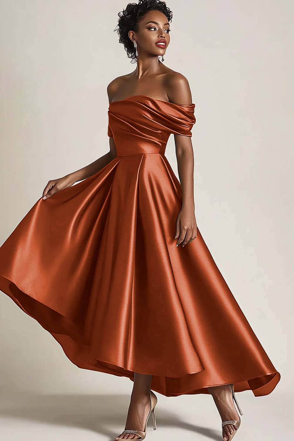 Olive A Line Off the Shoulder Ruched Satin Long Mother of the Bride Dress