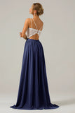 A Line Spaghetti Straps Pleated Long Bridesmaid Dress With Lace