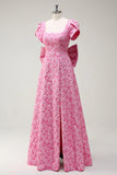 Fuchsia A Line Square Neck Bow Back Brocade Floral Maxi Prom Dress with Slit