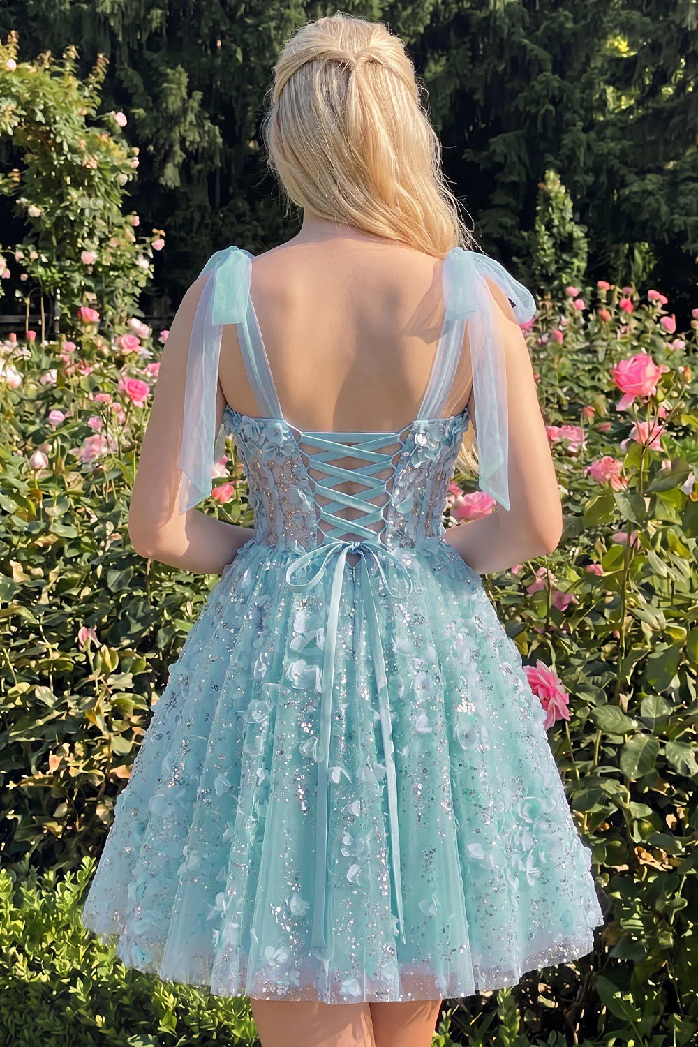 Lilac Sequin A Line Corset Short Homecoming Dress with 3D Flowers