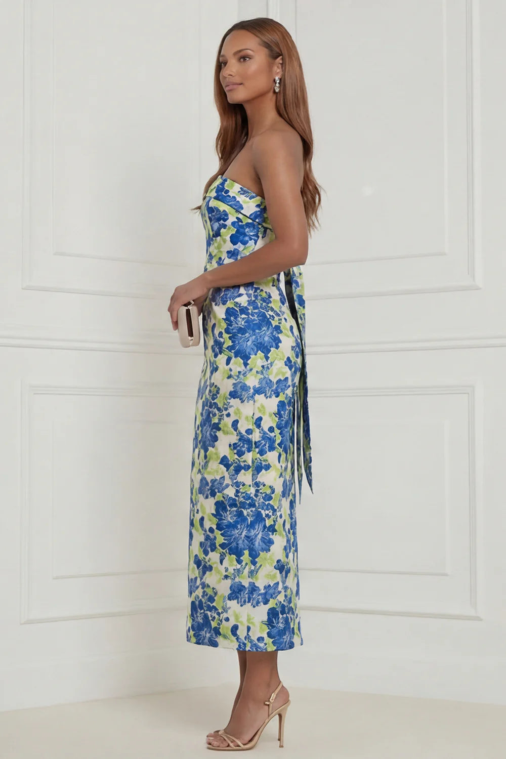 Strapless Fuchsia Sheath Floral Midi Wedding Guest Dress with Bow