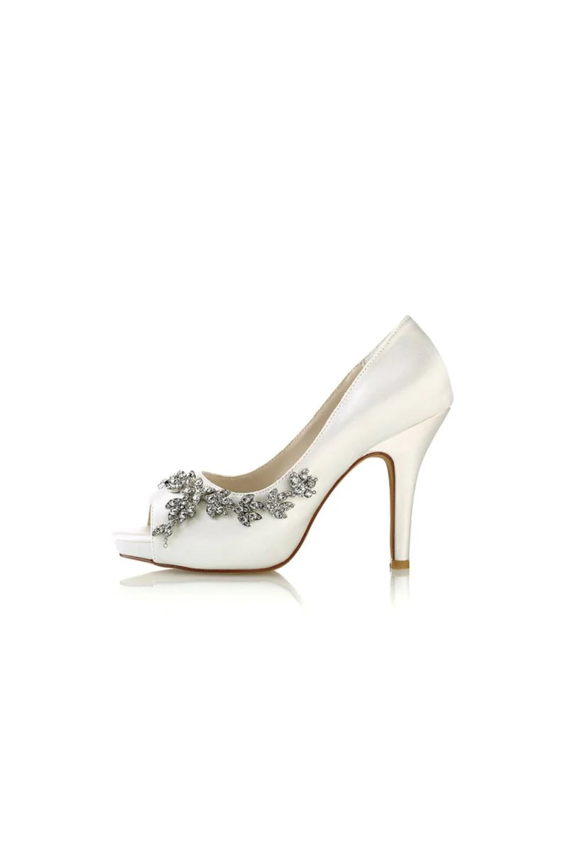 Champagne Satin Heels with Silver Metal Flower Ornament