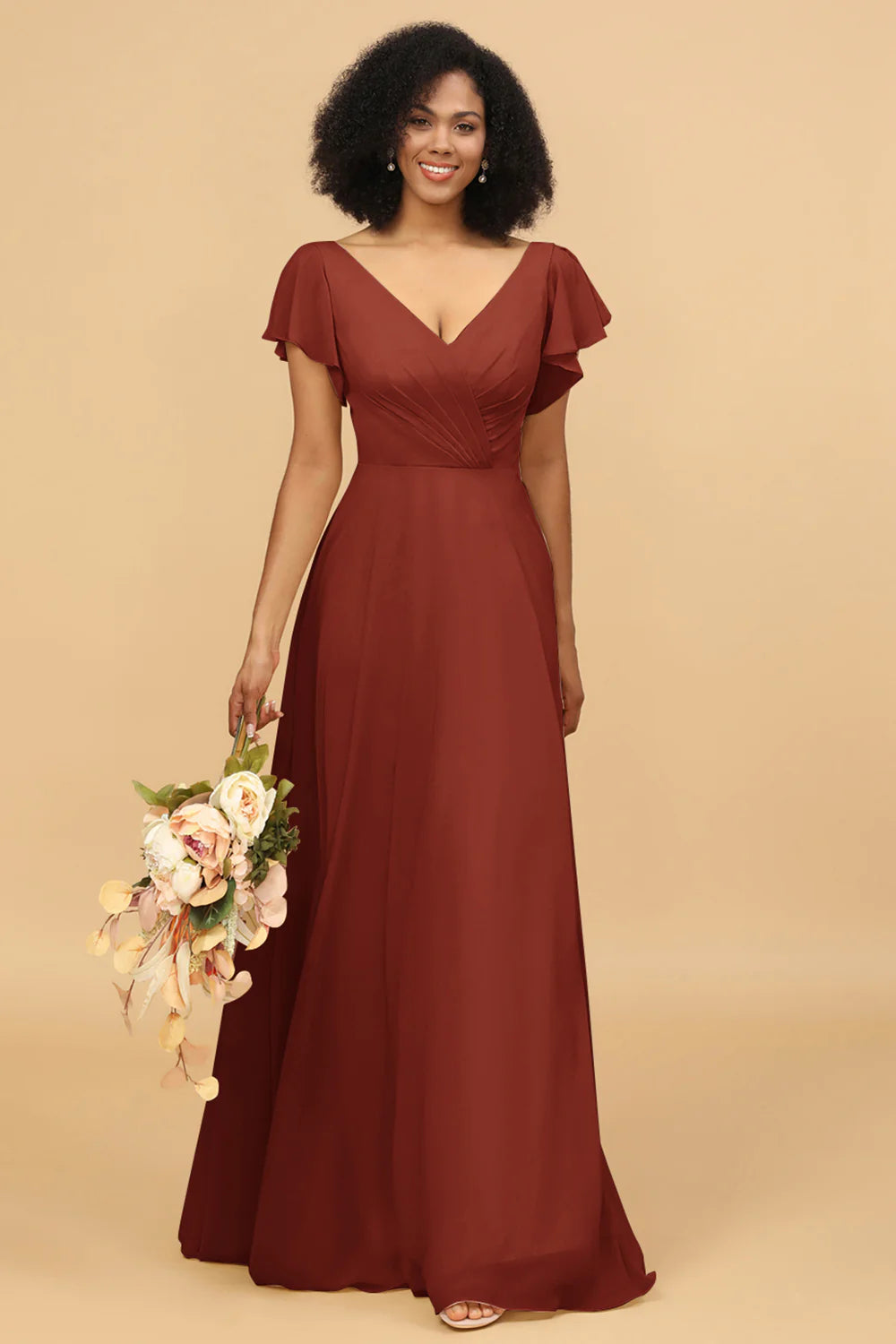 V Neck Cape Long Floor Length Chiffon Bridesmaid Dress