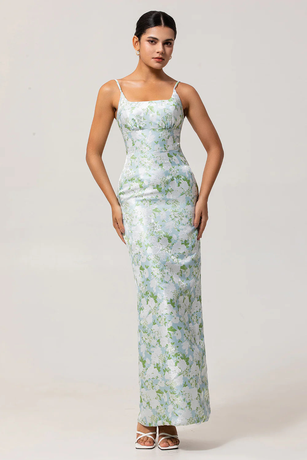 White Flower Sheath Spaghetti Straps Print Long Bridesmaid Dress with Back Slit