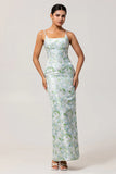 White Flower Sheath Spaghetti Straps Print Long Bridesmaid Dress with Back Slit