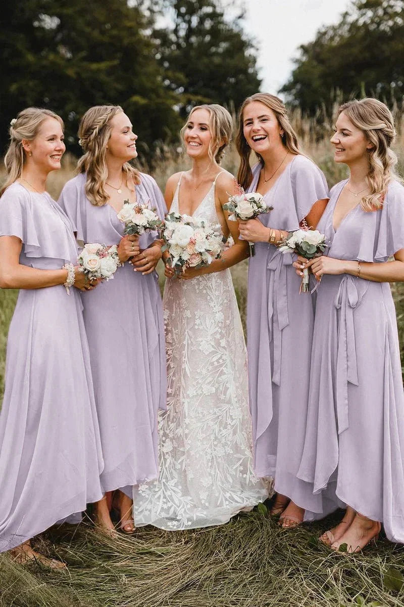 Simple A Line Coral Chiffon Long Bridesmaid Dresses