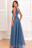 Sparkly Blue A Line V Neck Mother of the Bride Dress