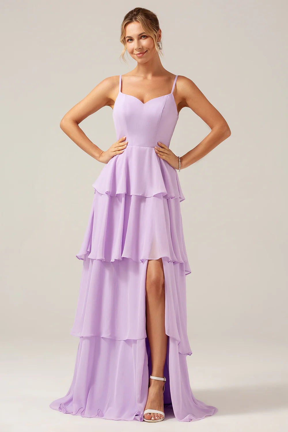 A Line Spaghetti Straps Tiered Floor Length Lilac Bridesmaid Dress With Slit