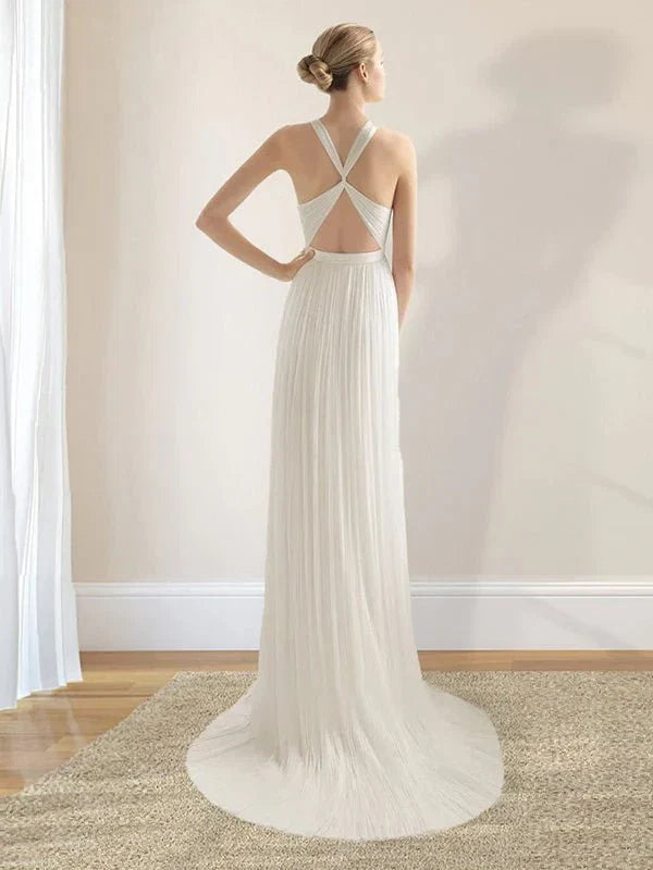 Sheath Halter Chiffon Plaited Dress With Special Back Design