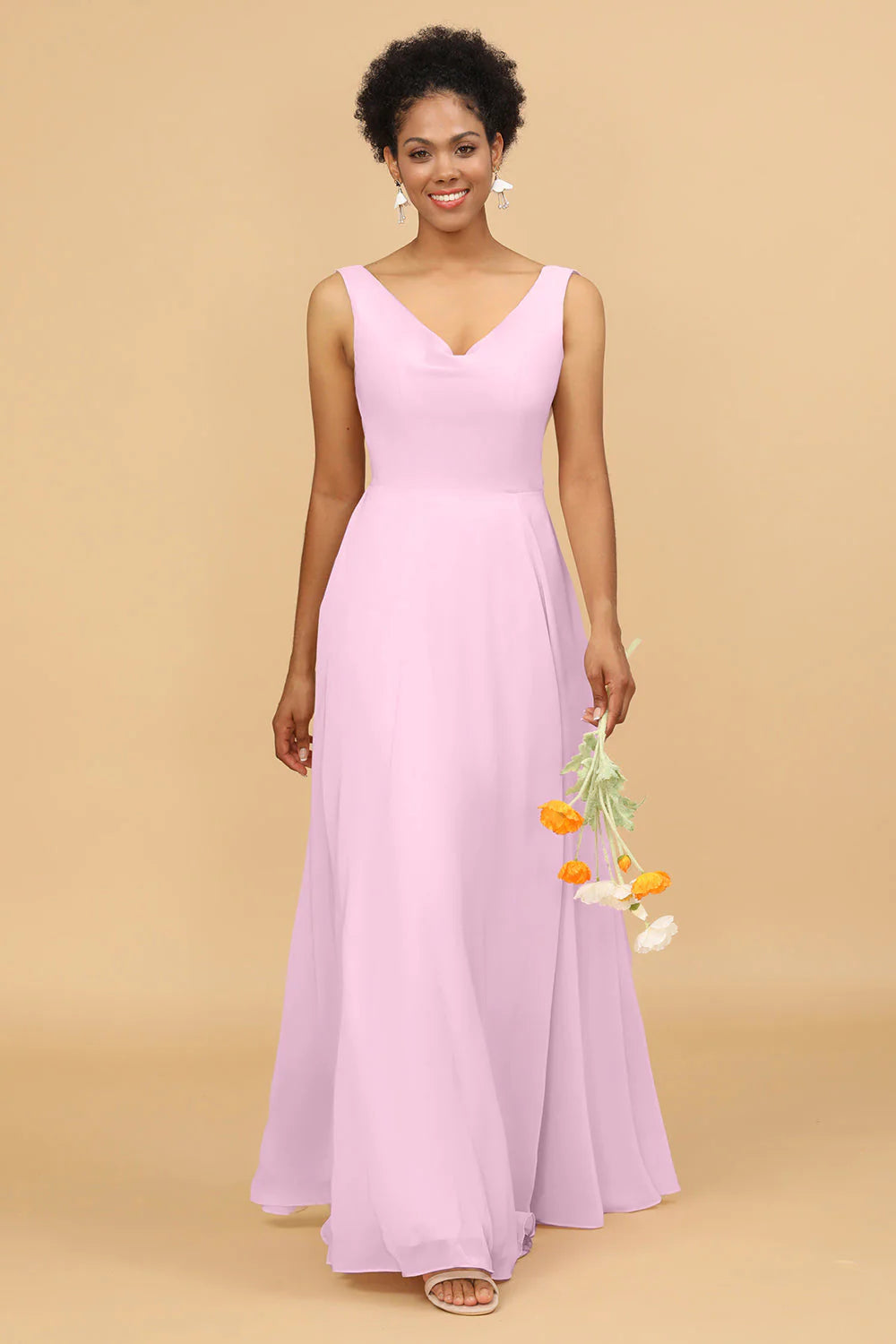 A Line V Neck Backless Chiffon Long Bridesmaid Dress