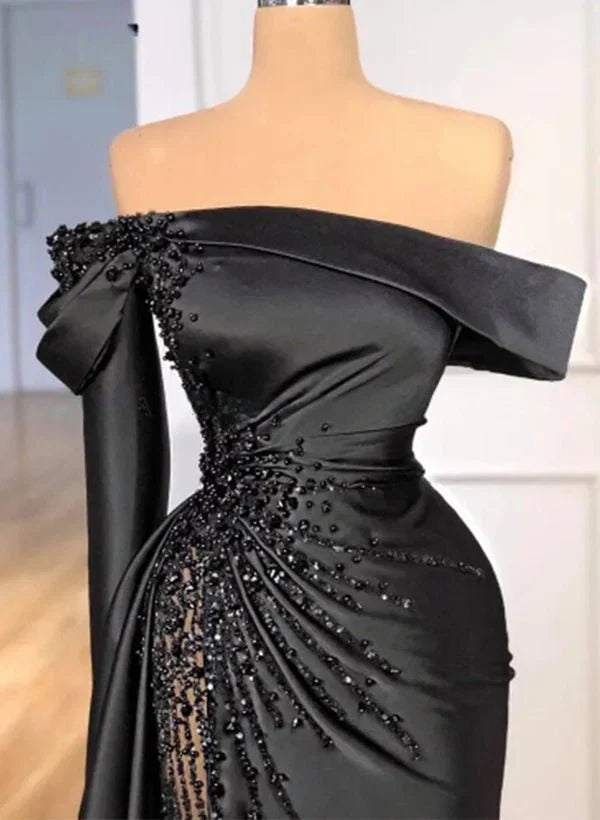 Sheath Off The Shoulder Long Sleeves Satin Sequined Prom Dresses