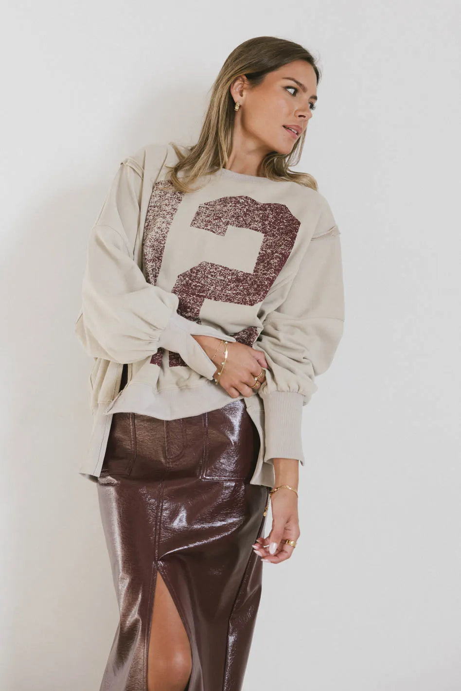 Varsity Distressed Top in Sand FINAL SALE