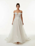 A line Lace Beach Wedding Dress with Off Shoulder Tulle Appliques