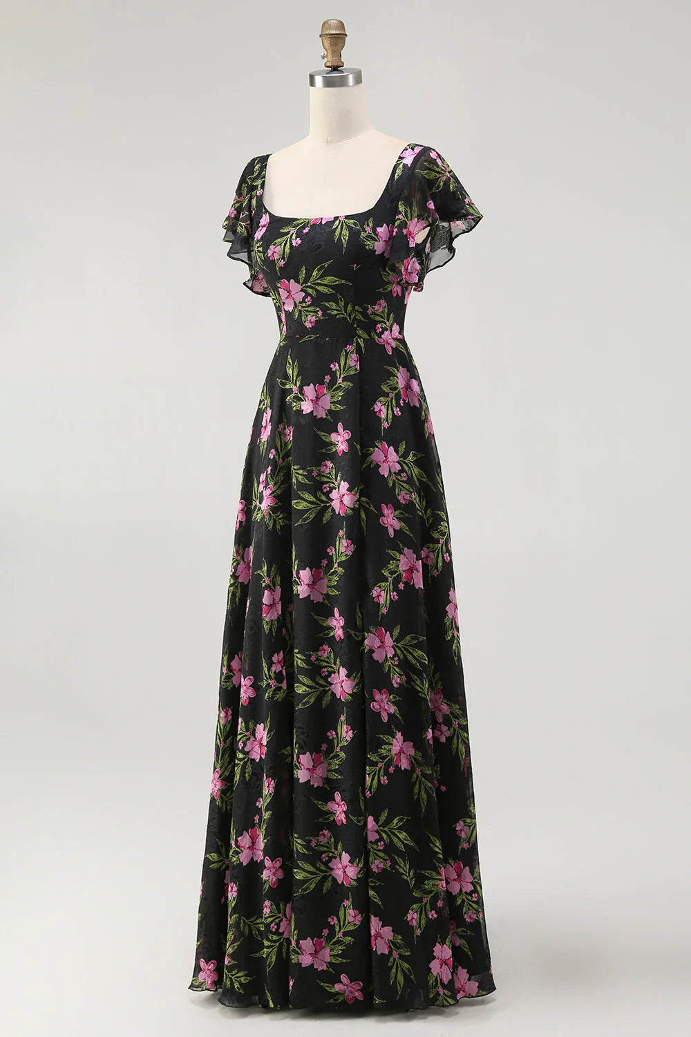 Black Pink Flower A Line Square Neck Printed Long Bridesmaid Dress with Flutter Sleeves