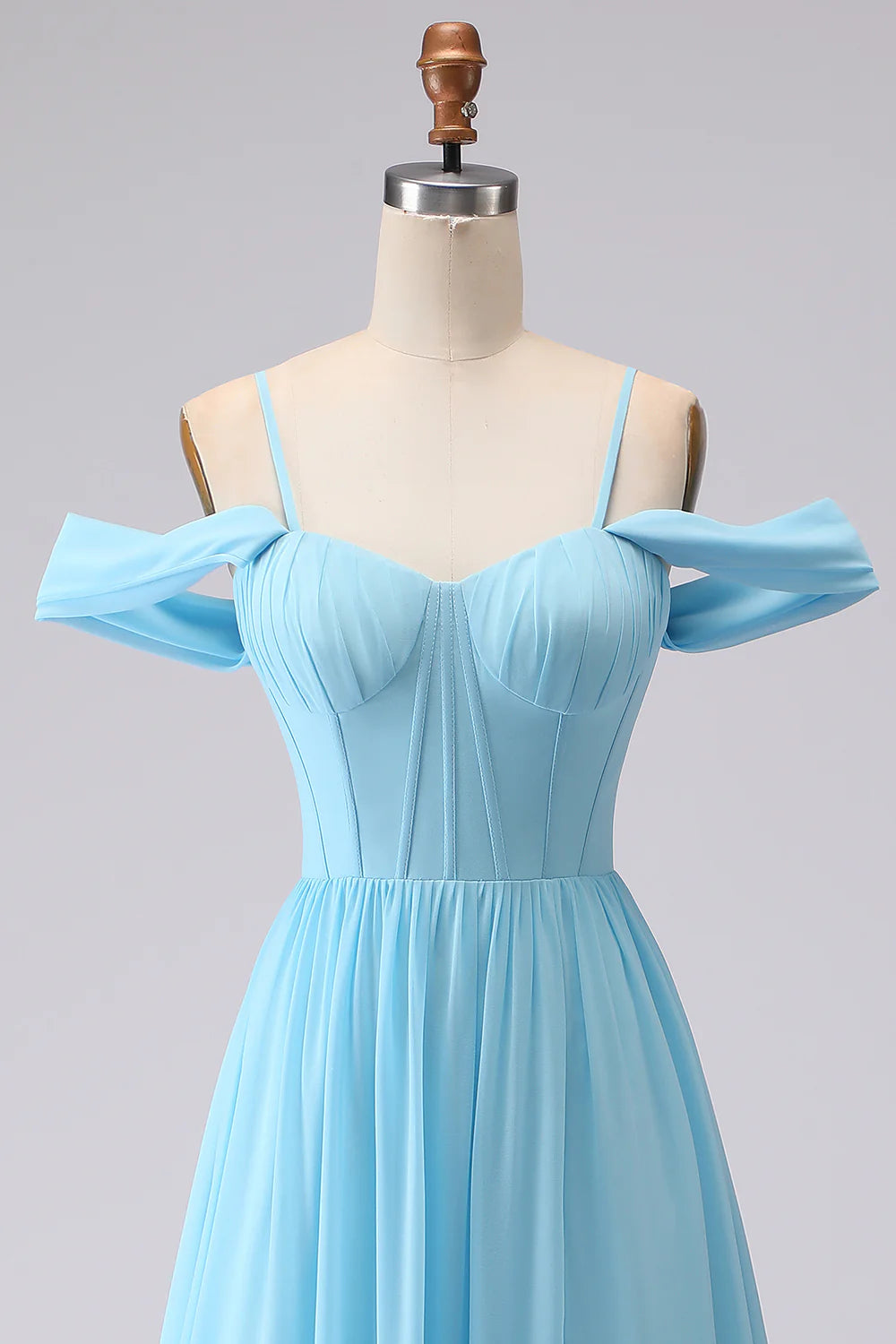 Cold Shoulder Sky Blue A Line Corset Long Bridesmaid Dress with Slit