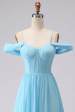 Cold Shoulder Sky Blue A Line Corset Long Bridesmaid Dress with Slit
