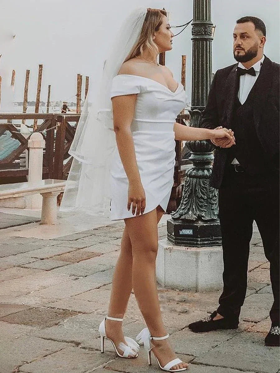 Sheath Off the Shoulder Satin Simple Wedding Dress Sleeveless Short Hemline