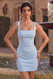 Sky Blue Beaded Square Neck Bodycon Homecoming Dress