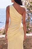 One Shoulder Ruched Mermaid Yellow Bridesmaid Dress