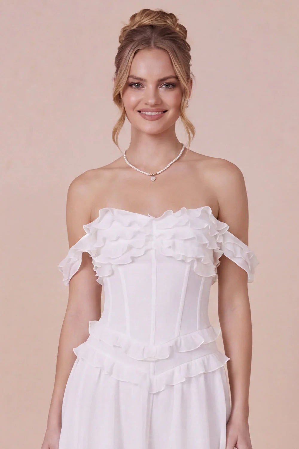 Off the Shoulder White Ruffled Corset Graduation Dress