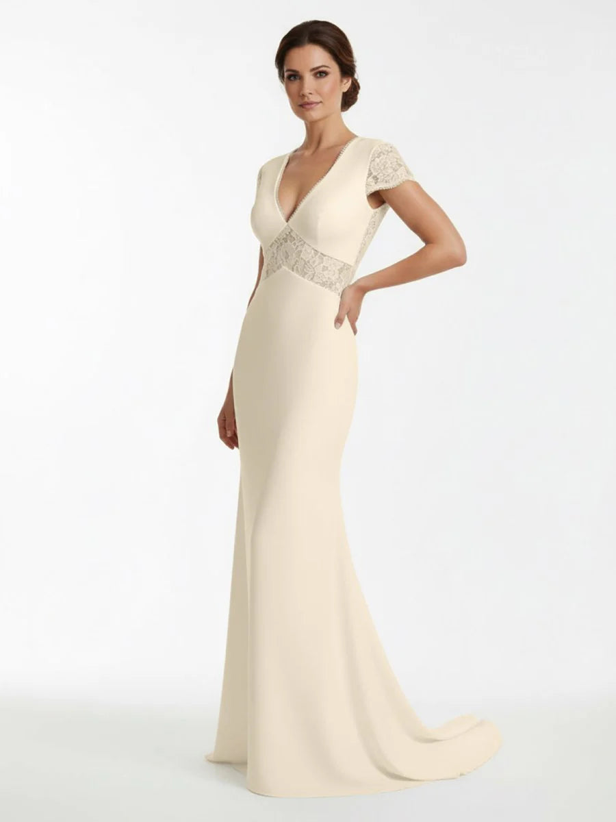 Modest Simple Sheath Short Sleeve Empire Floor Length Sweep Train Chiffon V neck Wedding Dress