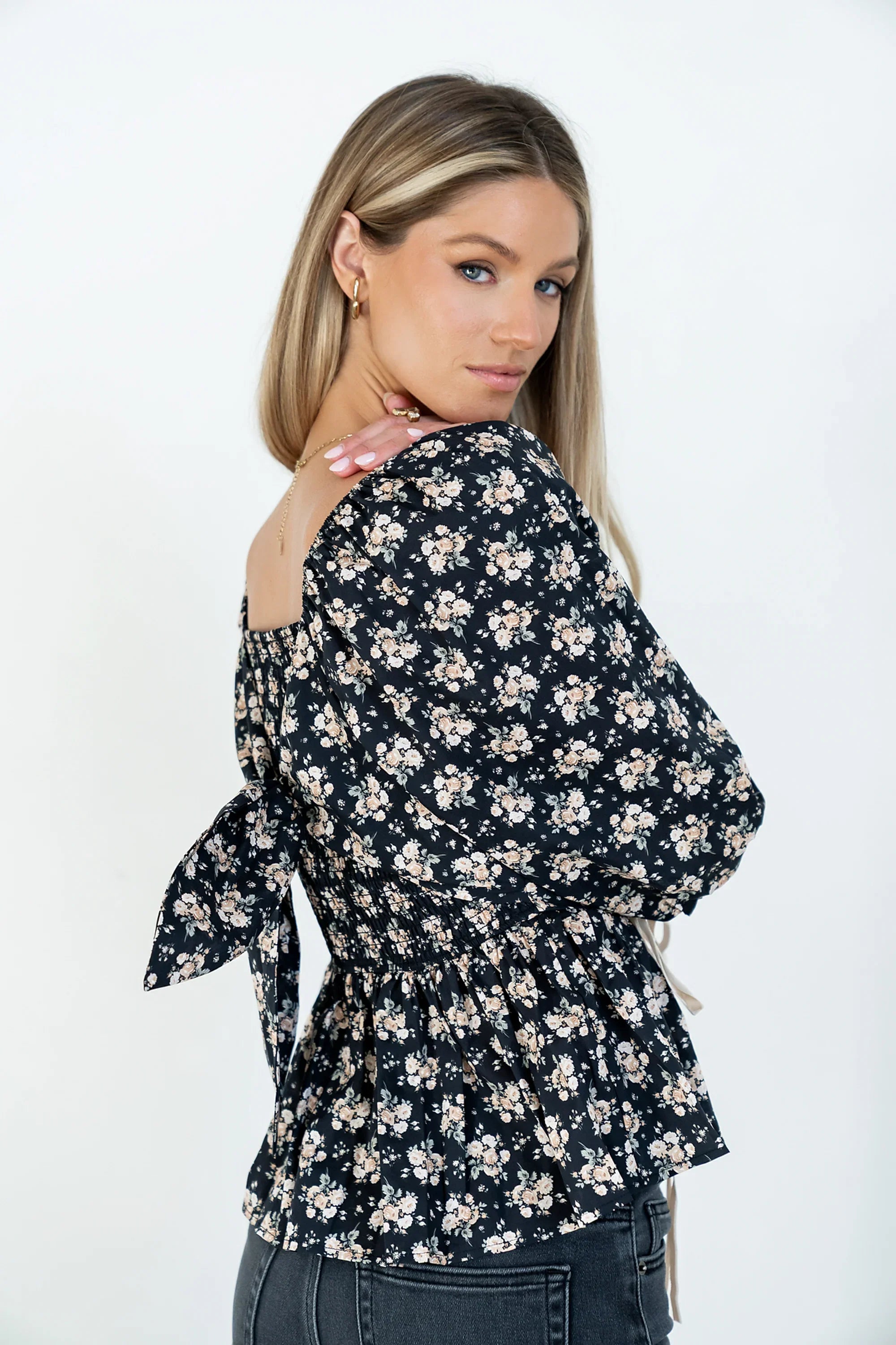 Jerzey Floral Peplum Blouse in Black FINAL SALE