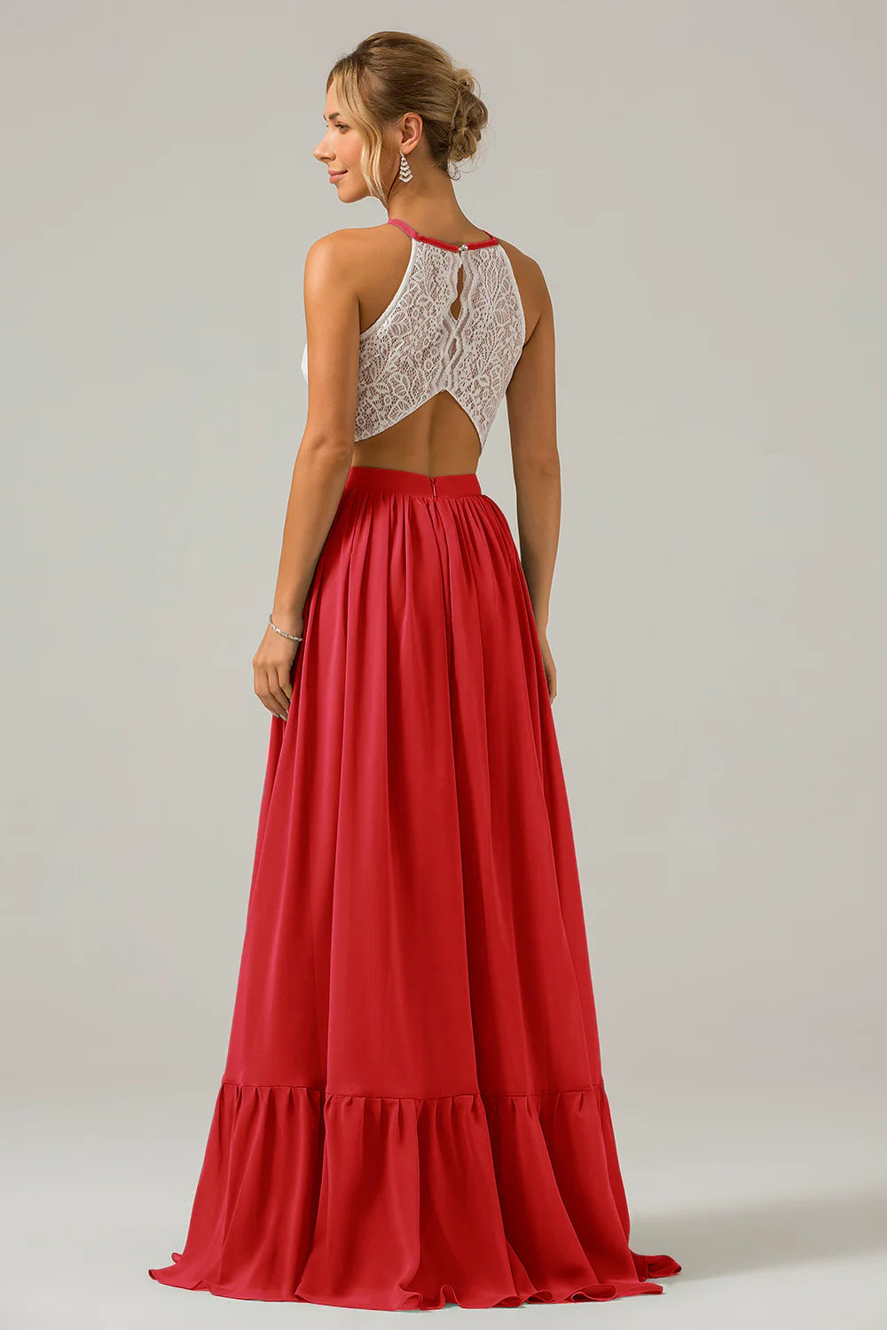 A Line Halter Pleated Keyhole Chiffon Bridesmaid Dress With Lace