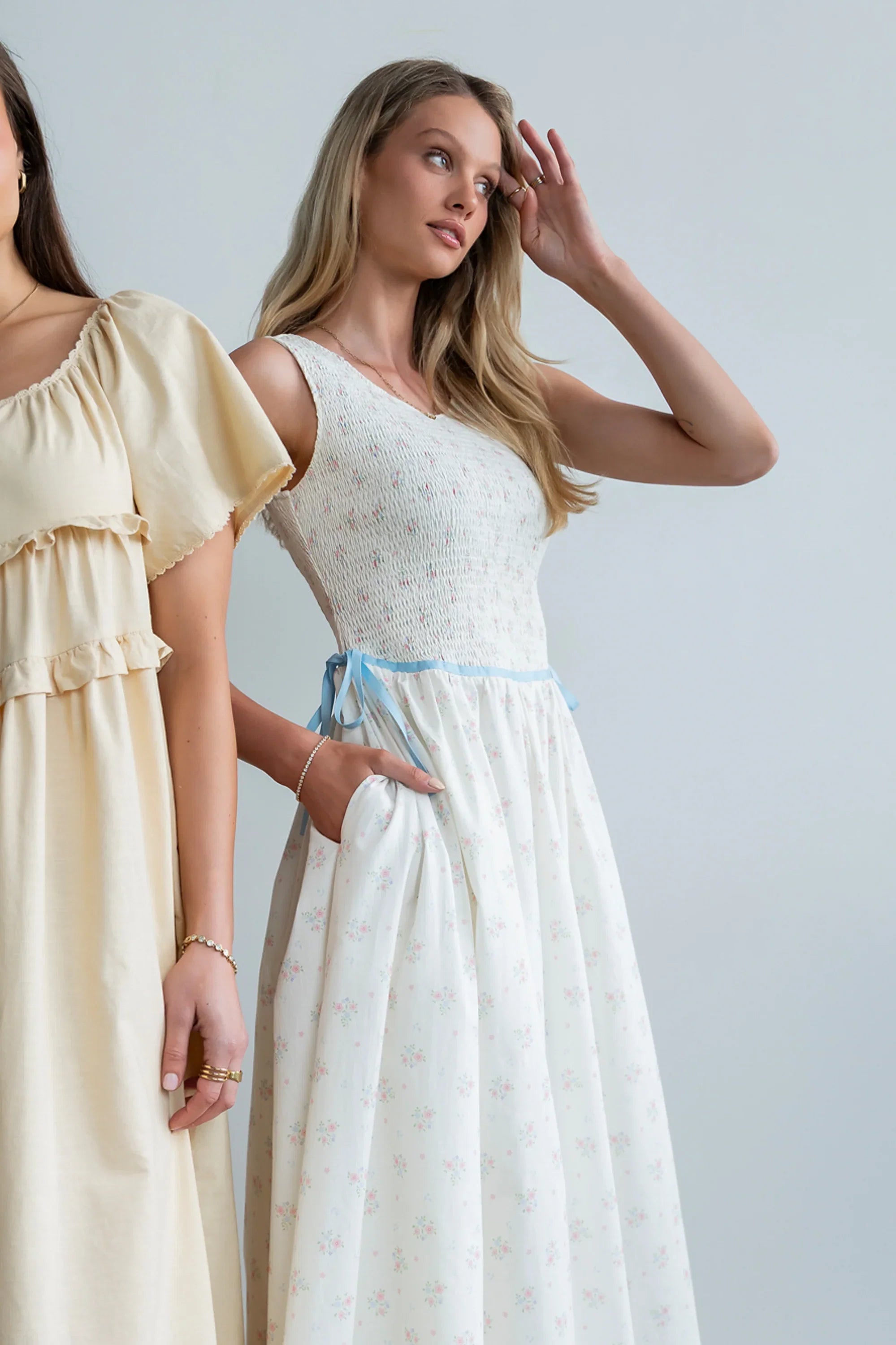 Kammie Smocked Midi Dress in Cream
