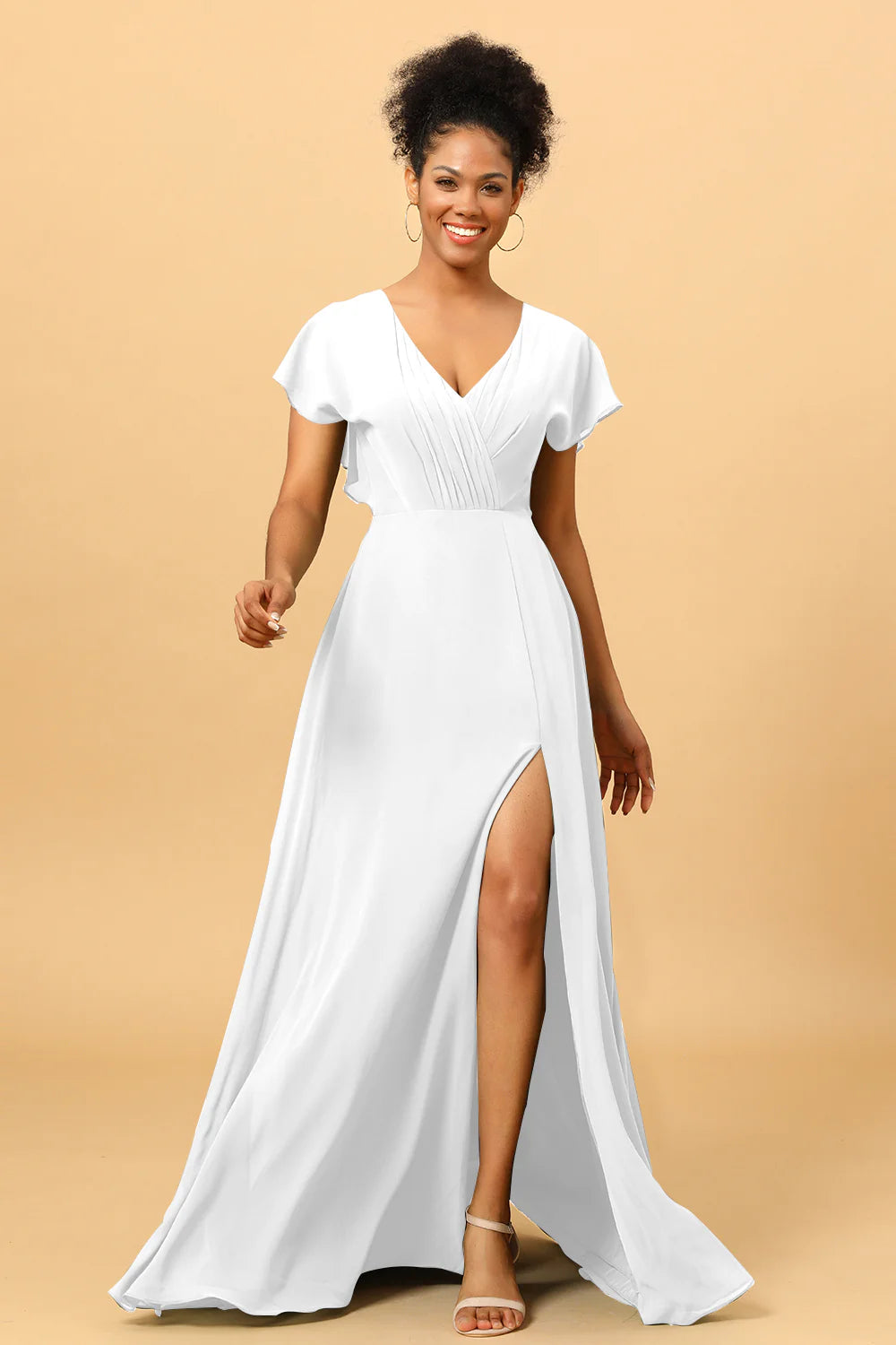 A Line V Neck Ruched Chiffon Bridesmaid Dress with Slit