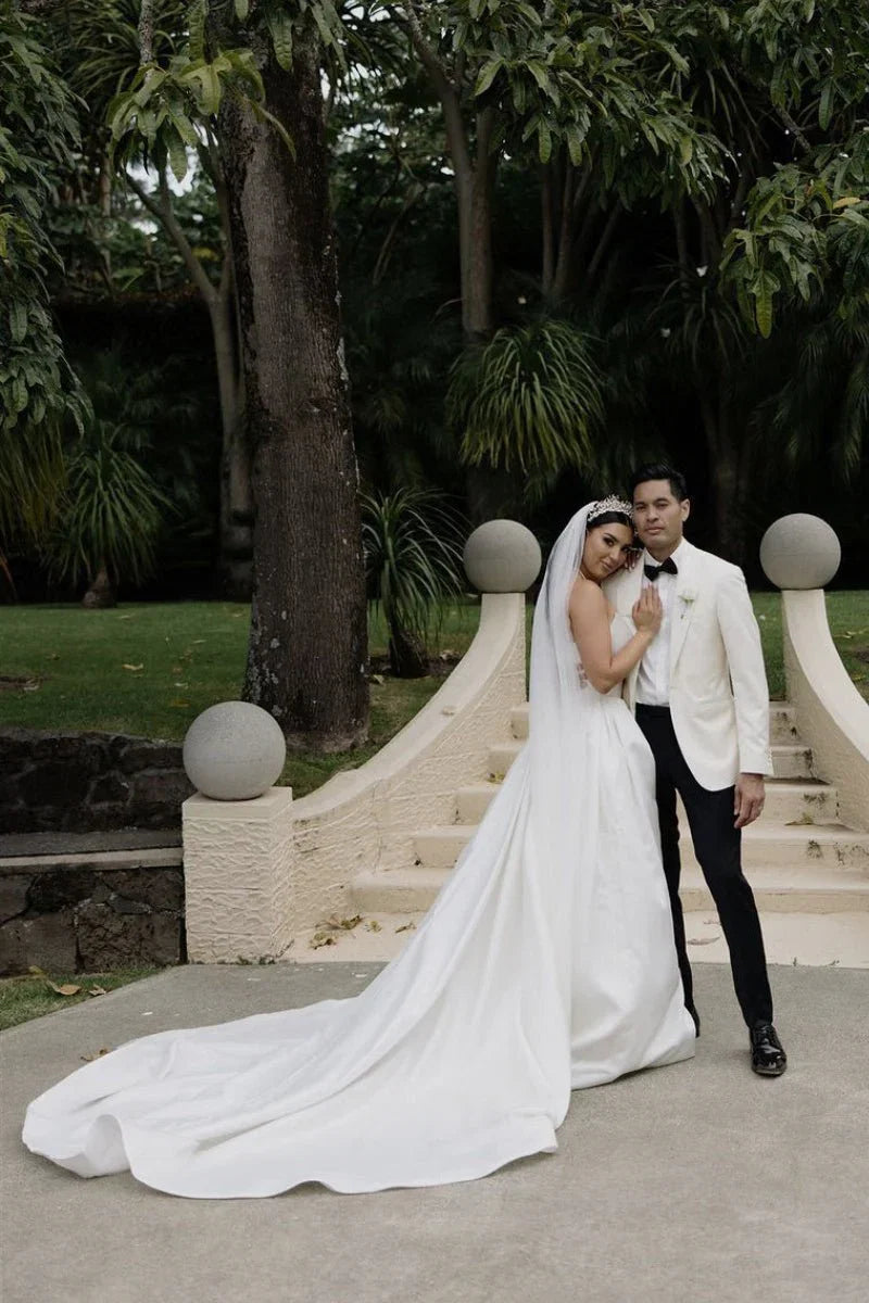 Elegant A Line Strapless Satin Wedding Dress with Slit