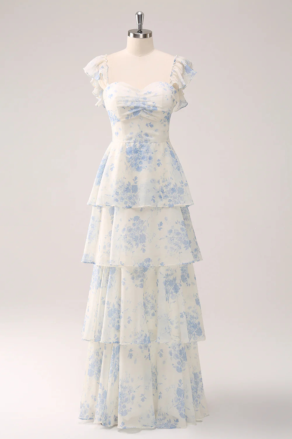 White Blue Floral A Line Off The Shoulder Tiered Print Bridesmaid Dress