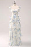 White Blue Floral A Line Off The Shoulder Tiered Print Bridesmaid Dress