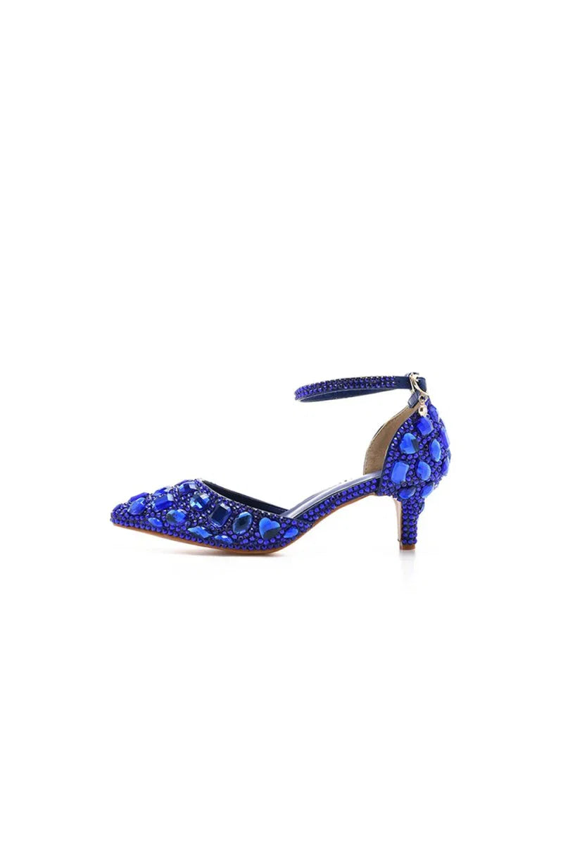 Pointed Toe Crystal Diamond Ankle Strap Kitten Heels