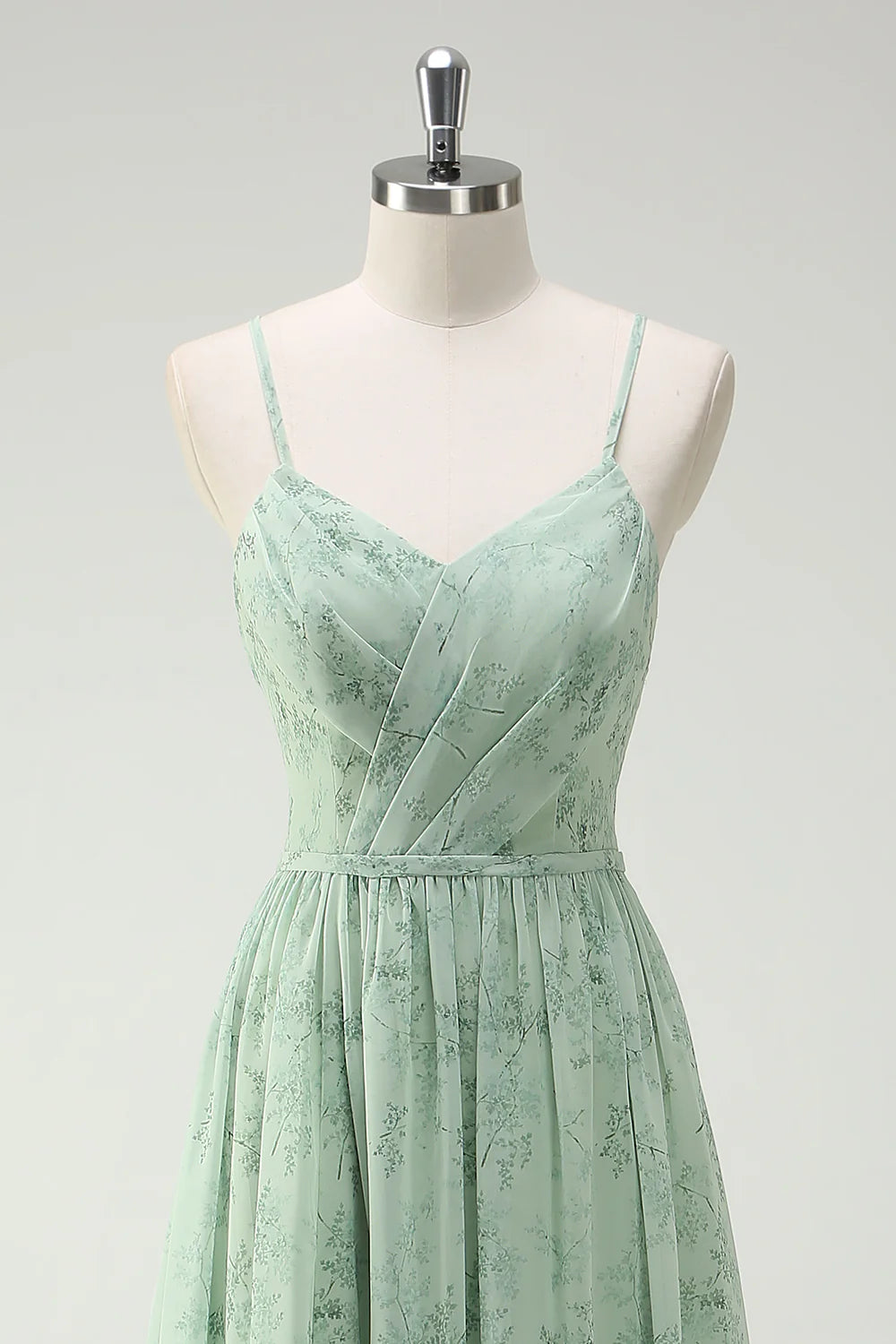 Dusty Sage A Line Spaghetti Straps Print Floral Long Bridesmaid Dress with Slit