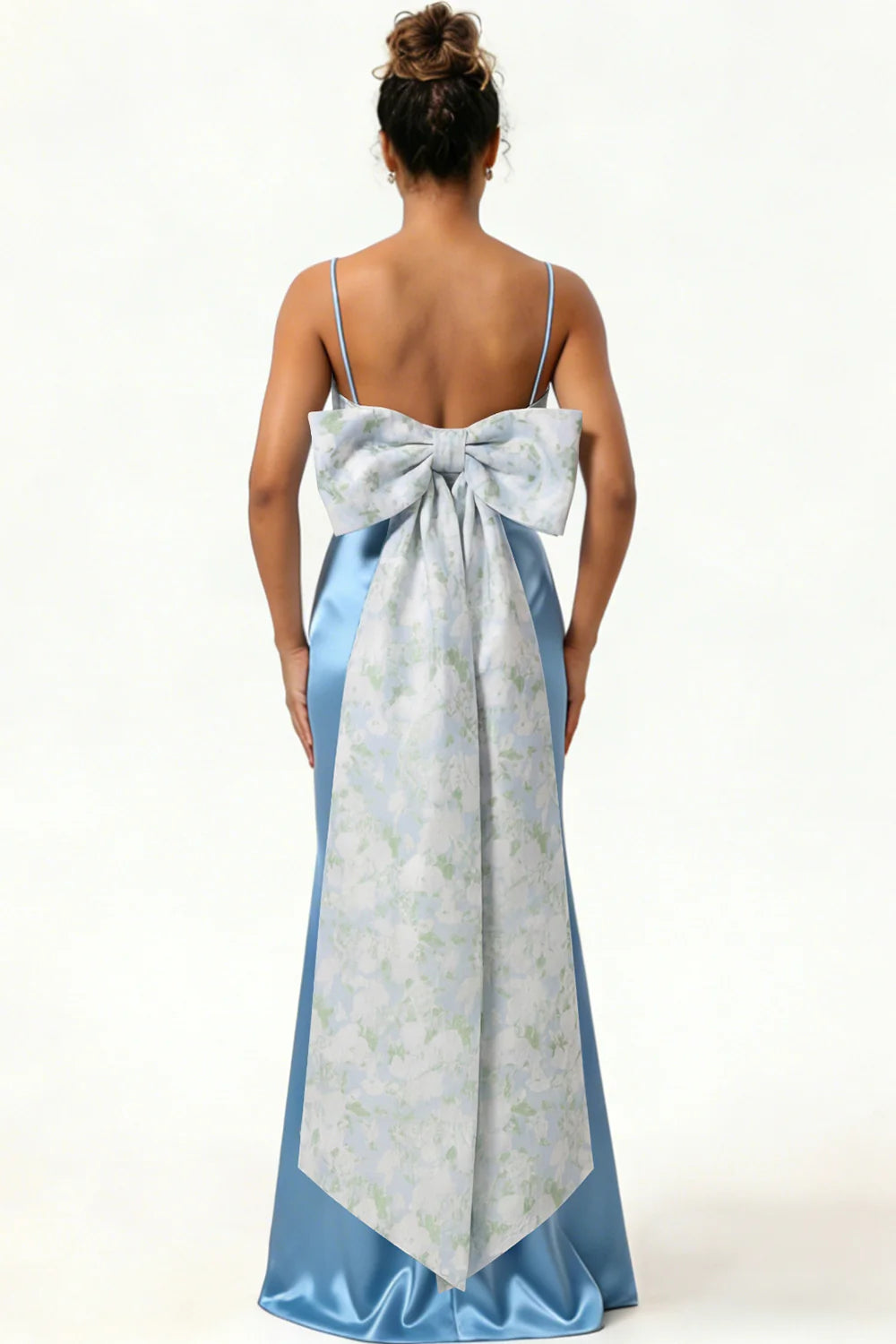Blue Floral Spaghetti Straps Mermaid Satin Bridesmaid Dress with Bow