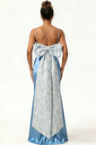 Blue Floral Spaghetti Straps Mermaid Satin Bridesmaid Dress with Bow