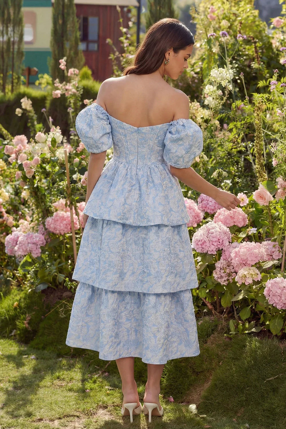 Blue Floral Off the Shoulder A Line Tiered Jacquard Midi Wedding Guest Dress