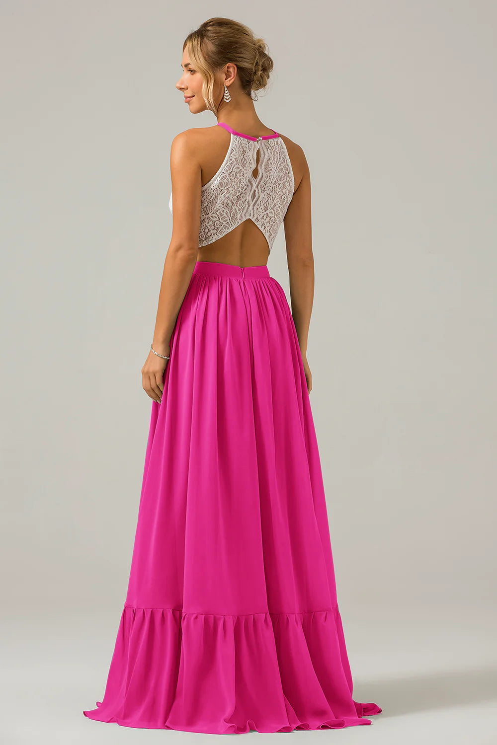 A Line Halter Pleated Keyhole Chiffon Bridesmaid Dress With Lace
