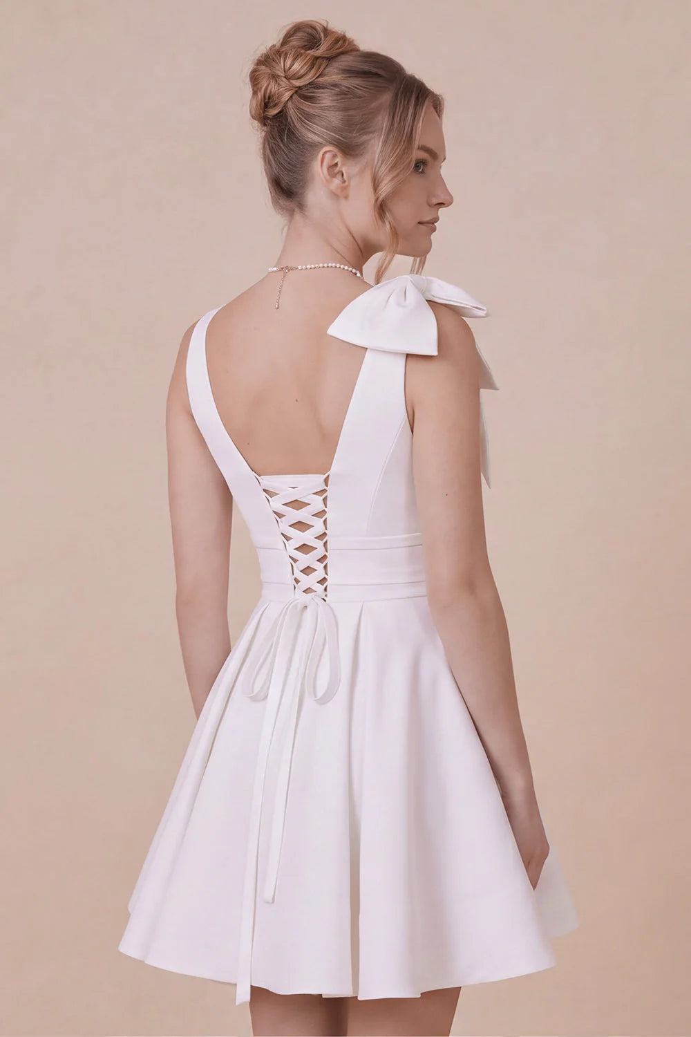 White A Line V Neck Graduation Dress with Bow