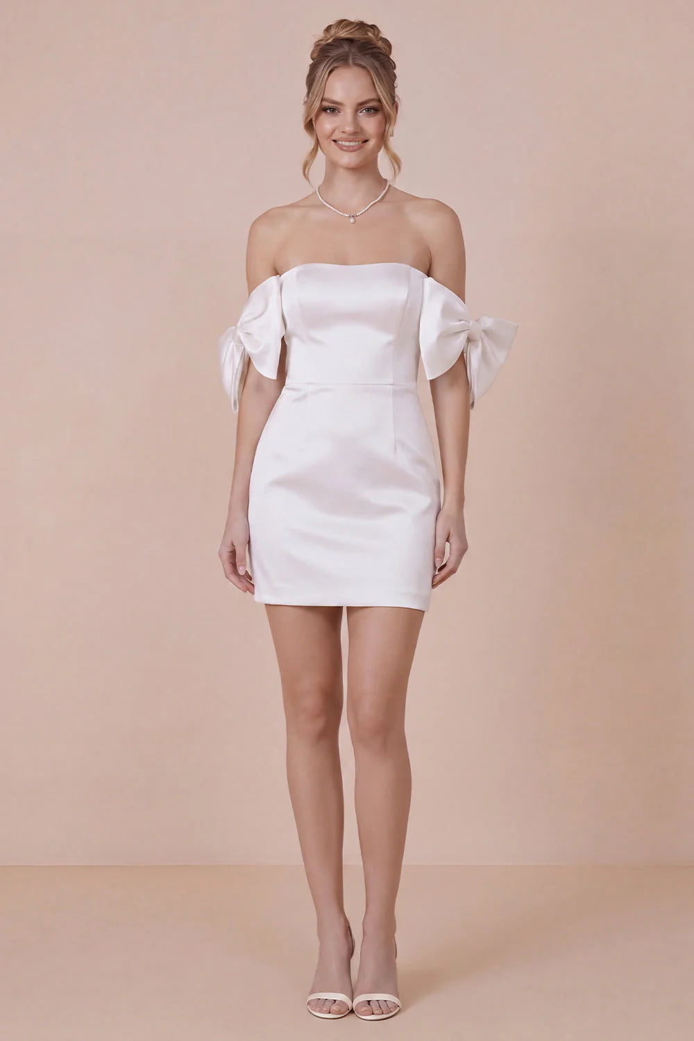 Satin Bodycon Off the Shoulder White Graduation Dress with Bows