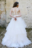 White Tulle A Line Sleeveless Illusion V Neck Appliqued Sexy Wedding Dress