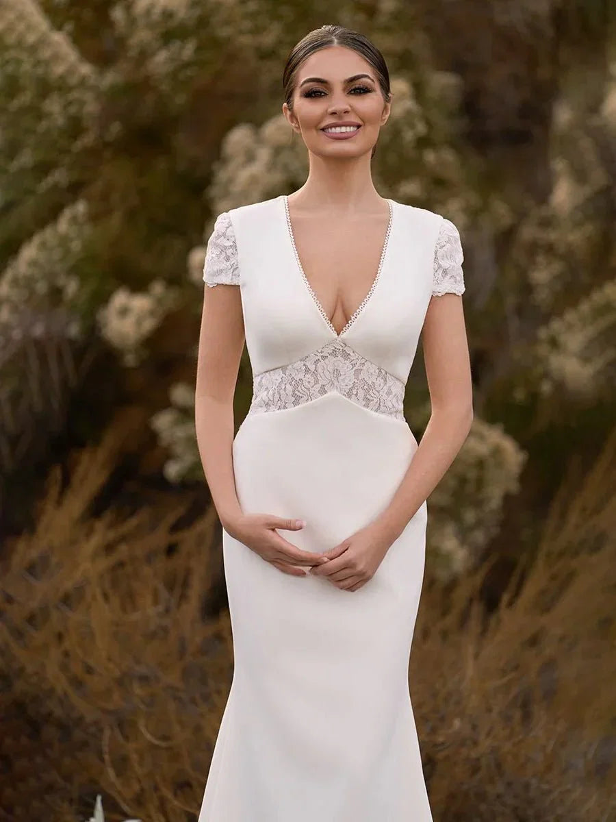 Modest Simple Sheath Short Sleeve Empire Floor Length Sweep Train Chiffon V neck Wedding Dress