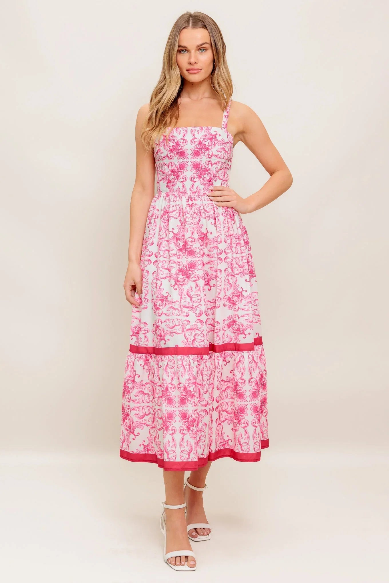 ROSALIE MIDI DRESS PINK SCROLL PRINT