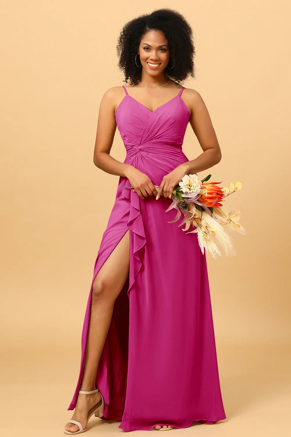 A Line Spaghetti Straps V Neck Chiffon Ruffled Long Bridesmaid Dress with Slit