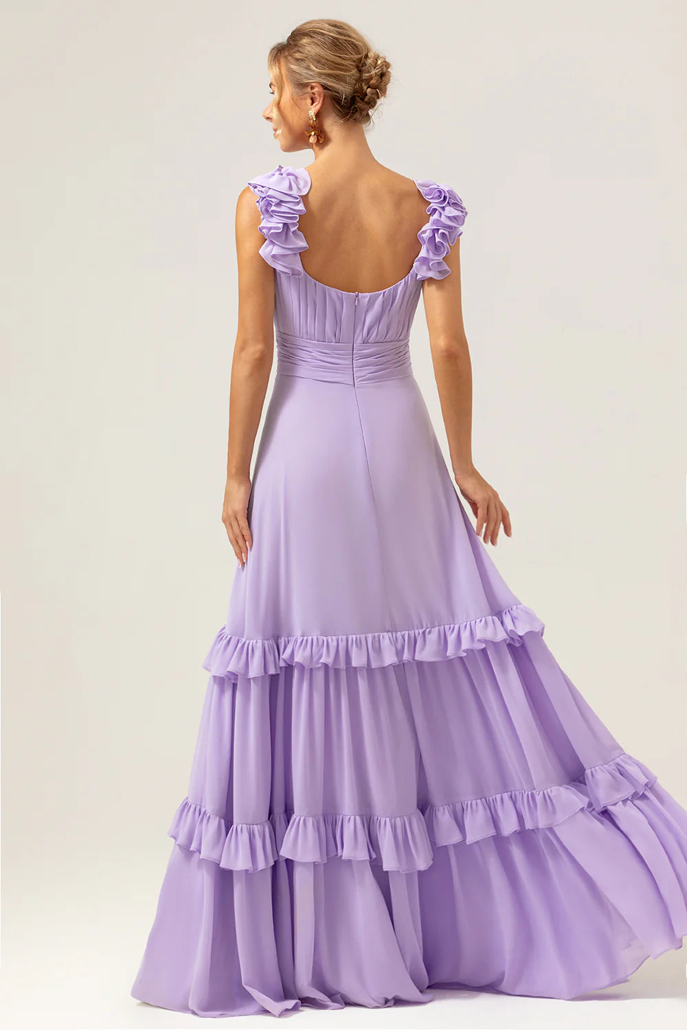 A Line V Neck Ruched Chiffon Long Lilac Bridesmaid Dress with Ruffles