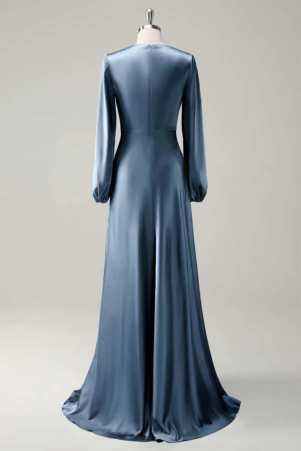 Agave A Line Round Neck Satin Long Bridesmaid Dress with Long Sleeves