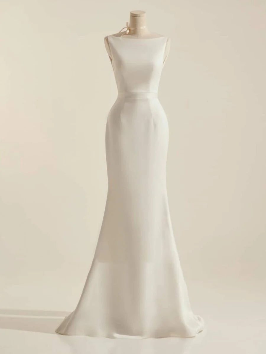 Simple Sleeveless Mermaid Wedding Dress With Sexy Bow