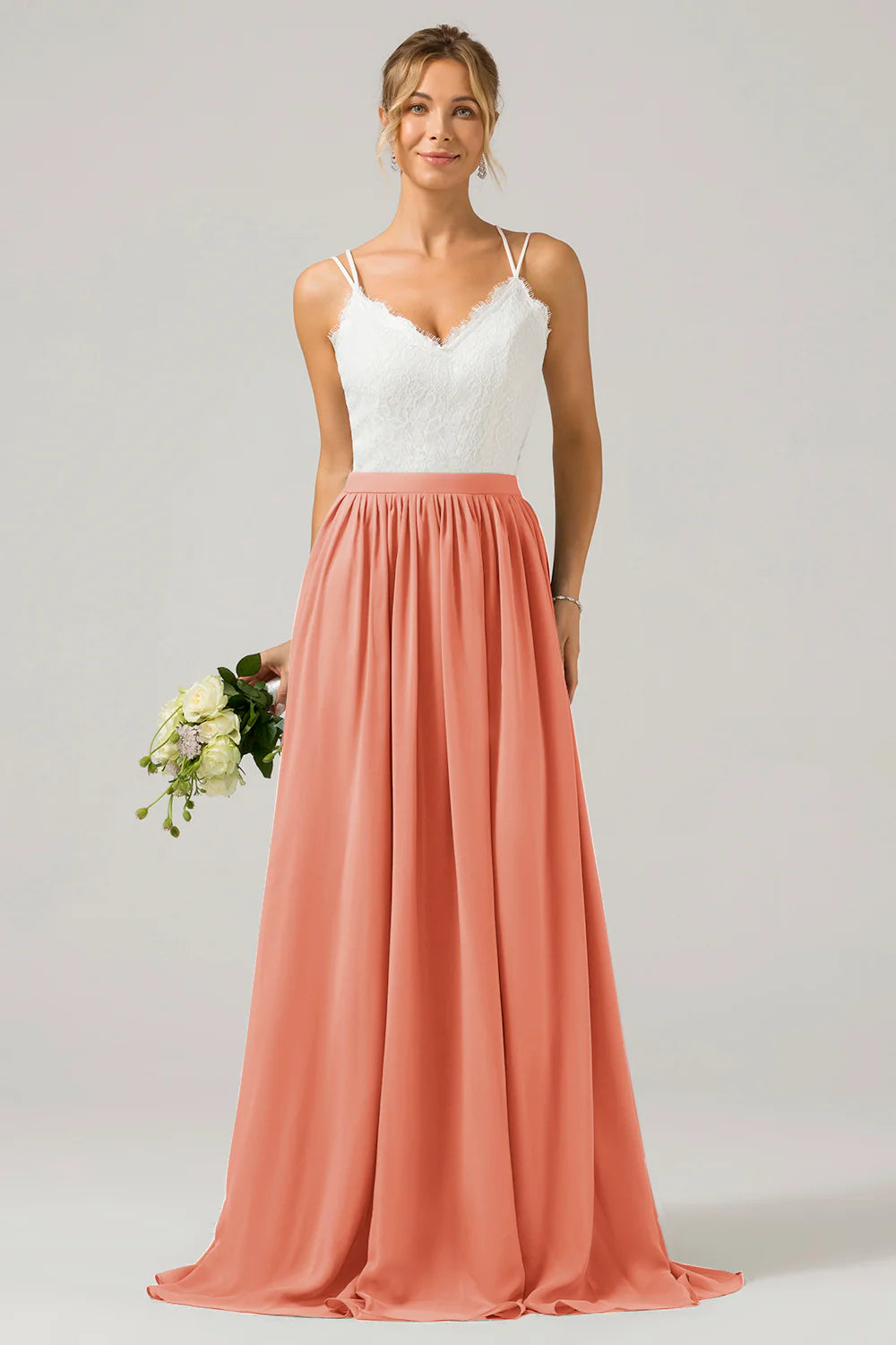 A Line Spaghetti Straps Pleated Long Bridesmaid Dress With Lace