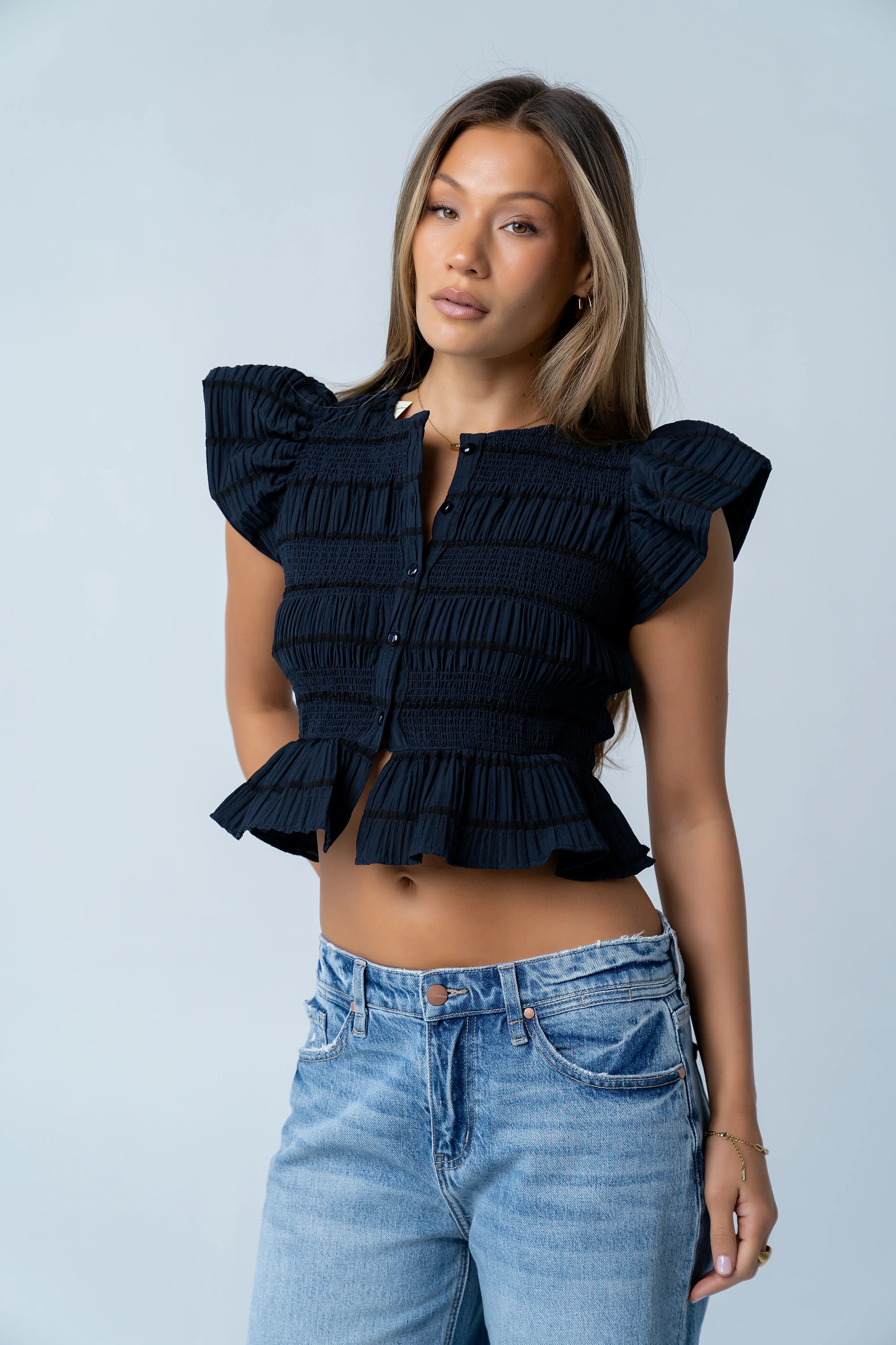 Holly Smocked Blouse in Navy